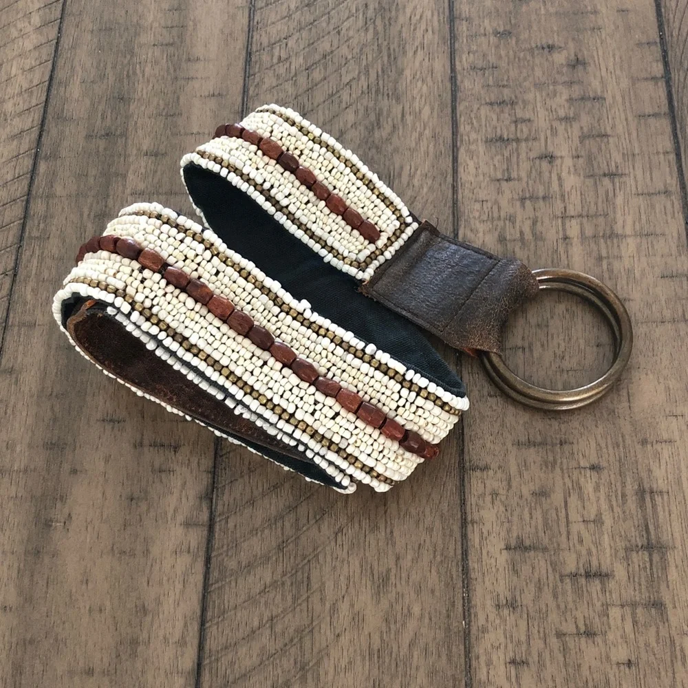 Old Navy beaded western boho Brown Leather Trim belt Festival Hippie